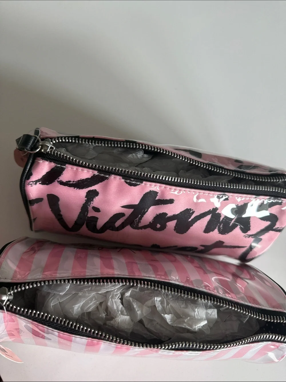 NWT Bundle of 2 Victoria's Secret Pink Striped & Script Cosmetic Pouches